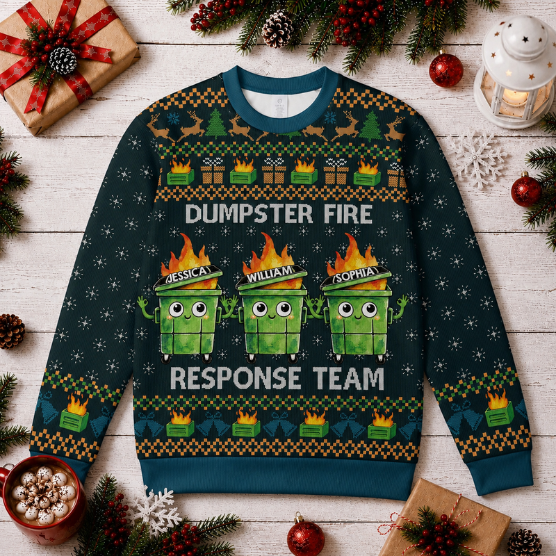 Personalized Dumpster Fire Ugly Christmas Sweater, Custom Name Response Team Xmas Sweatshirt, Funny Holiday Party Gift for Office Coworkers