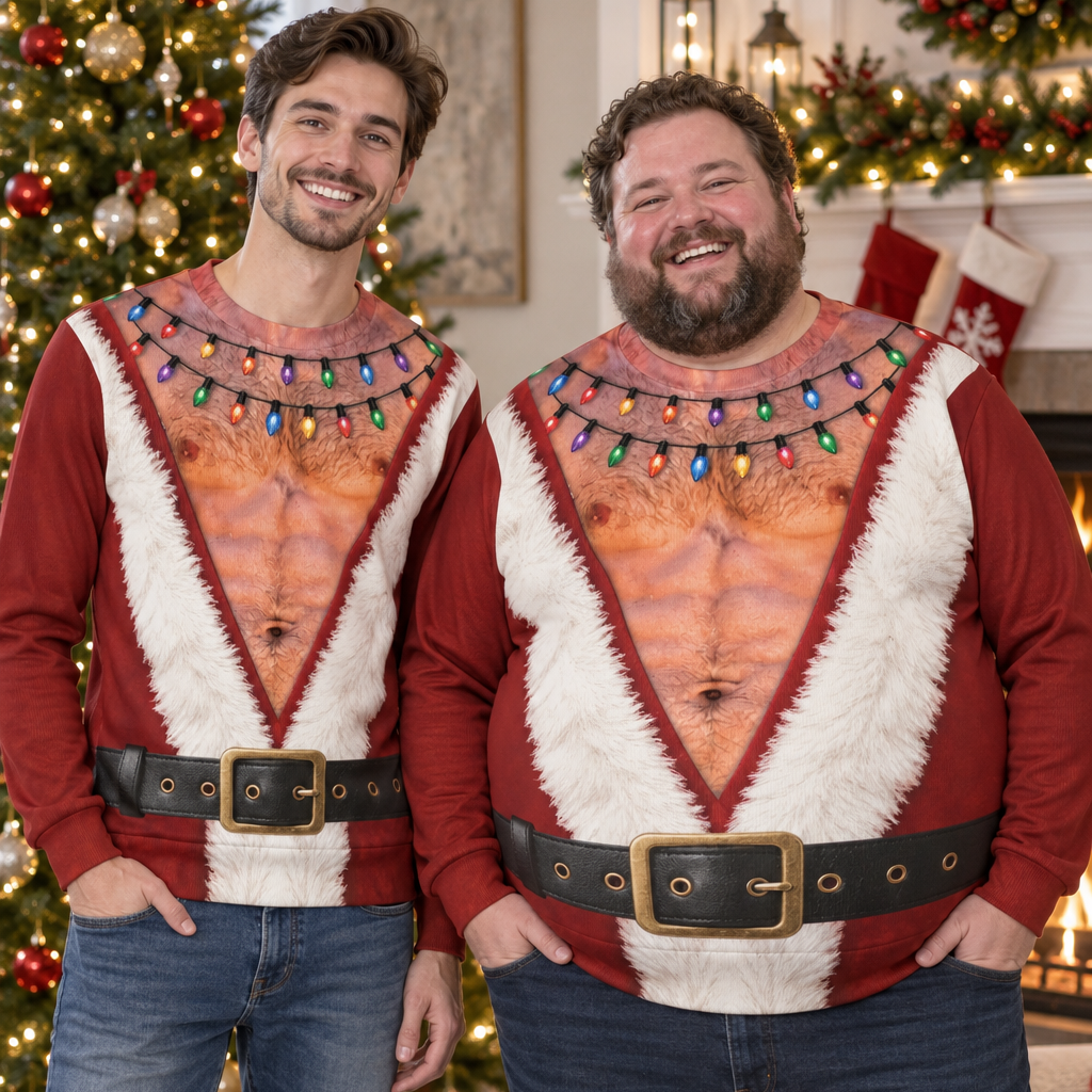 Funny Santa Abs Ugly Sweater, Hairy Chest 3D Print Holiday Party Gift, Chirstmas Gag Gift, Men Women Crewneck Pullover