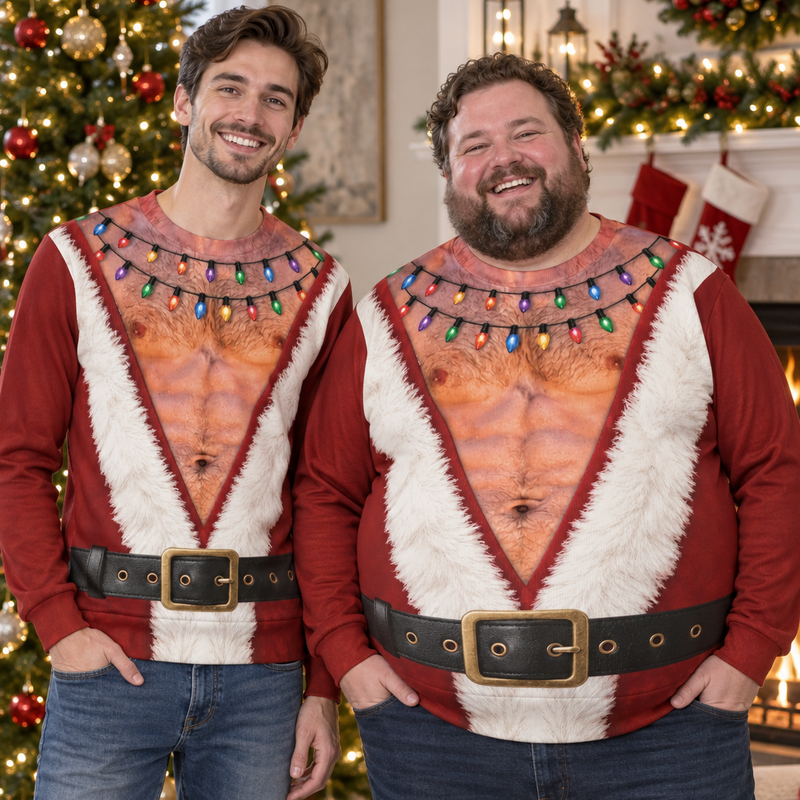 Funny Santa Abs Ugly Sweater, Hairy Chest 3D Print Holiday Party Gift, Chirstmas Gag Gift, Men Women Crewneck Pullover