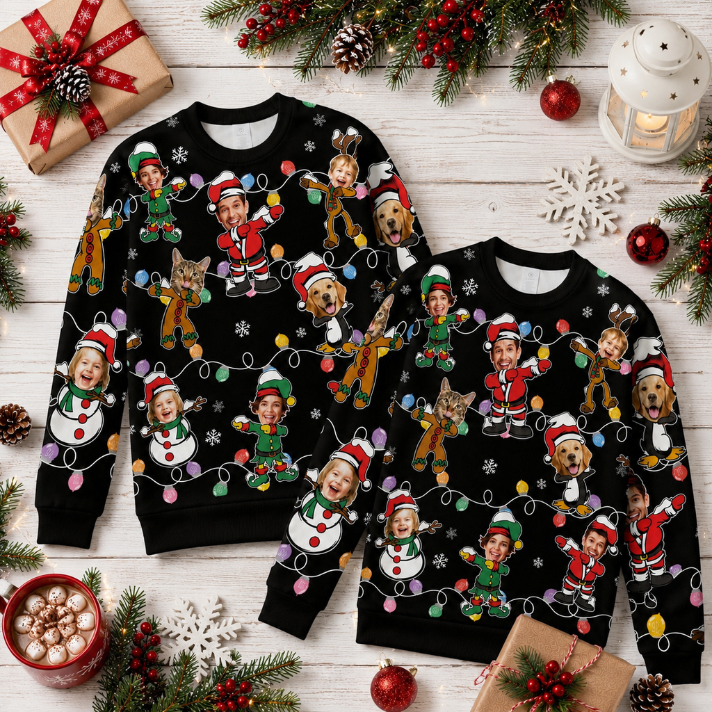 Funny Custom Face Christmas Sweatshirt, Personalized Ugly Sweater, Santa Elf Reindeer Photo Shirt, Family Christmas Party Gift for Men Women