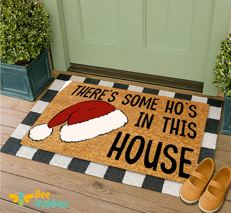 Funny Christmas Doormat, There’s Some Ho’s In This House Mat, Santa Hat Welcome Rug, Holiday Entry Decor