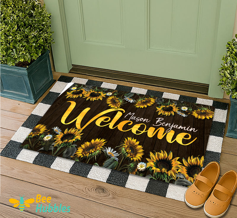 Custom Sunflower Welcome Doormat – Personalized Family Name Mat