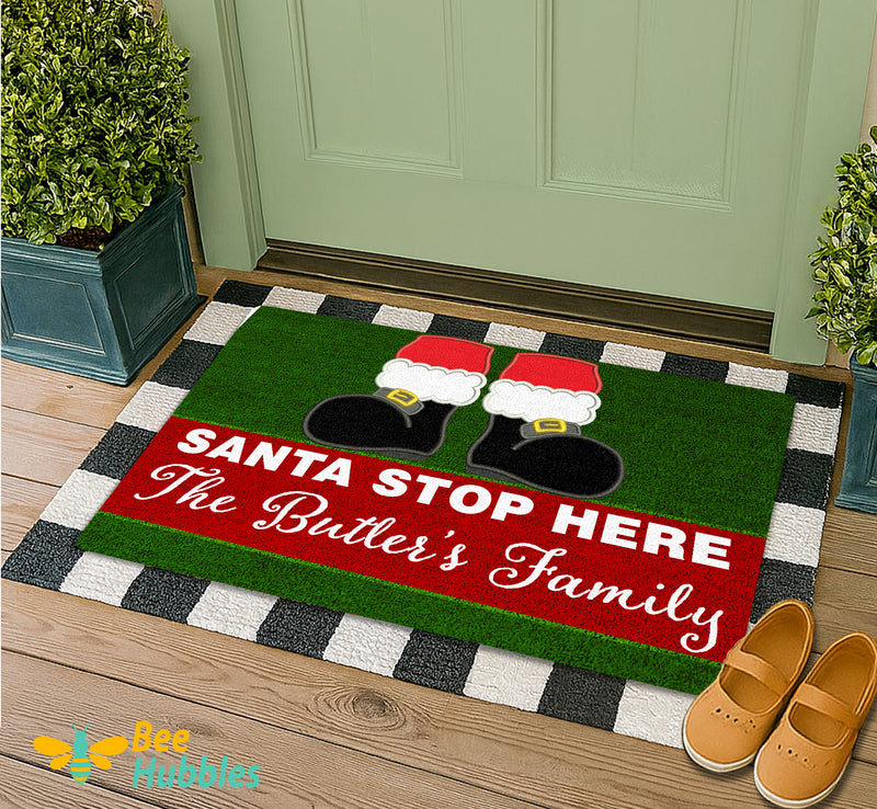 Personalized Family Christmas DoorMat, Santa Stop Here Doormat, Holiday Welcome Doormat