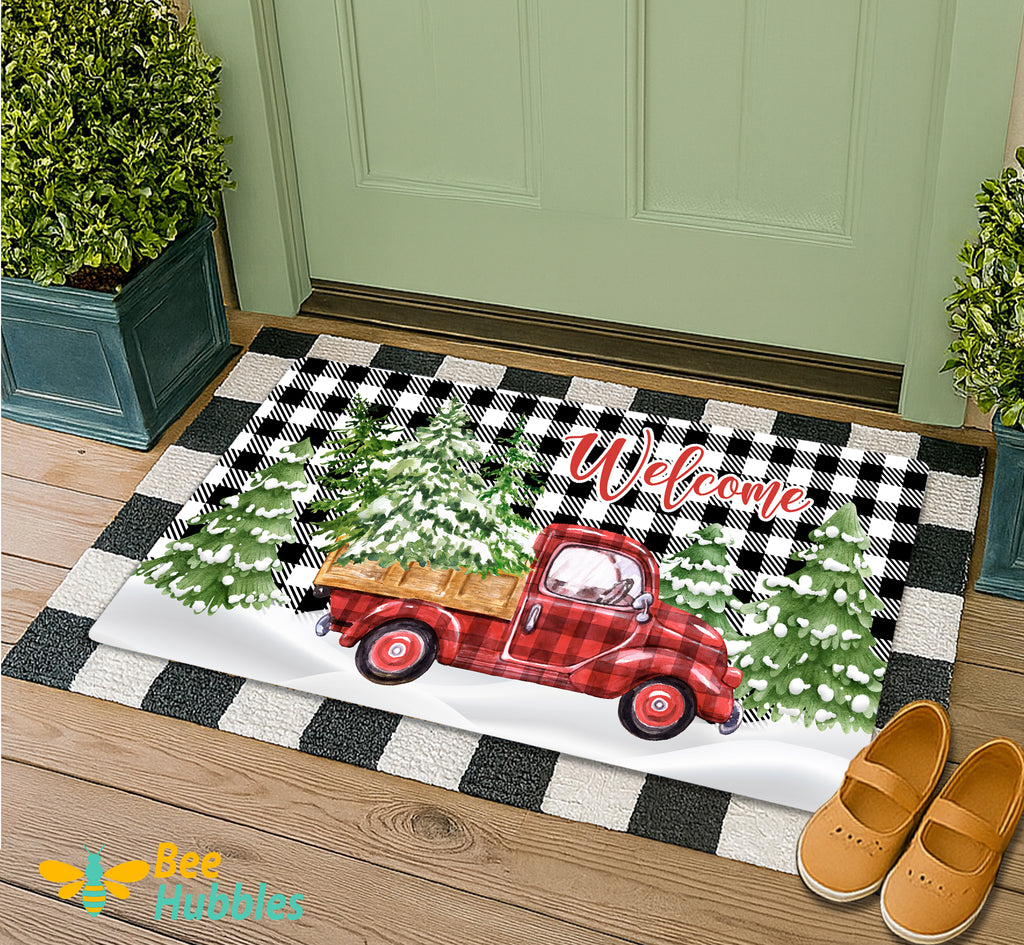 Buffalo Plaid Red Truck Doormat, Christmas Welcome Mat, Farmhouse Holiday Decor