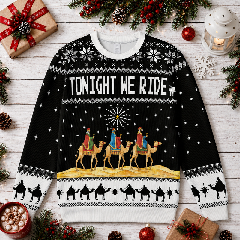 Tonight We Ride Ugly Christmas Sweater, Three Wise Men We Three Kings Christian Christmas Sweatshirt, Funny Nativity Xmas Gift for Him Her