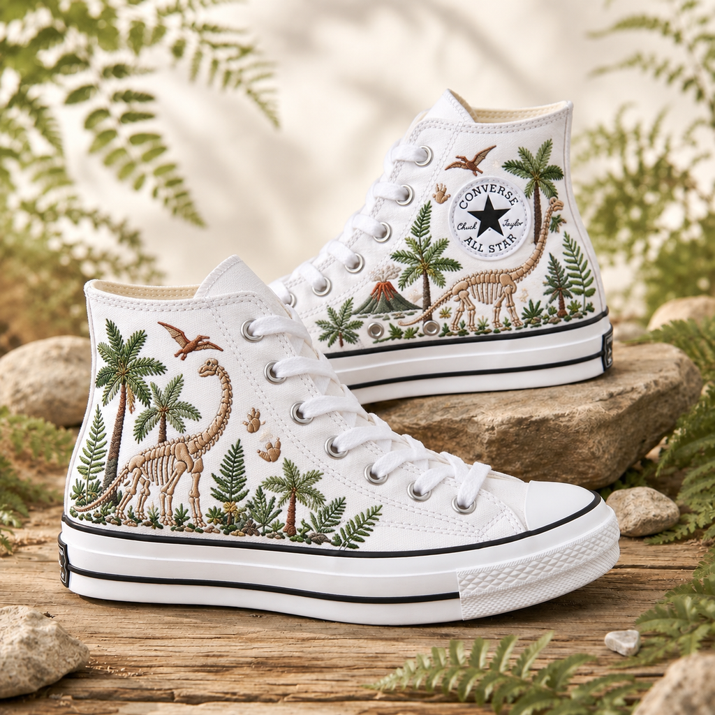 Hand Embroidered Converse High Tops, Dinosaur Skeleton Fossil Sneakers