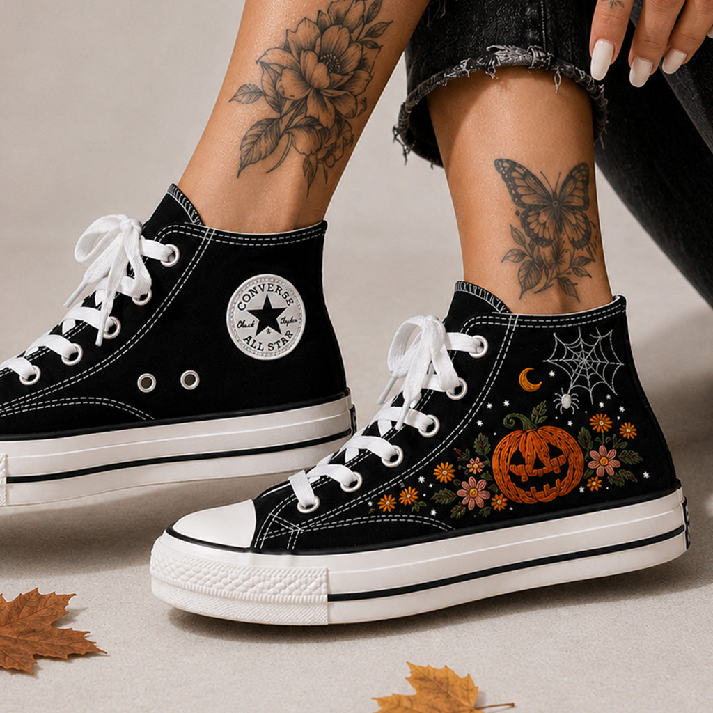 Halloween Jack O Lantern Spiderweb - Embroidered Converse High Tops