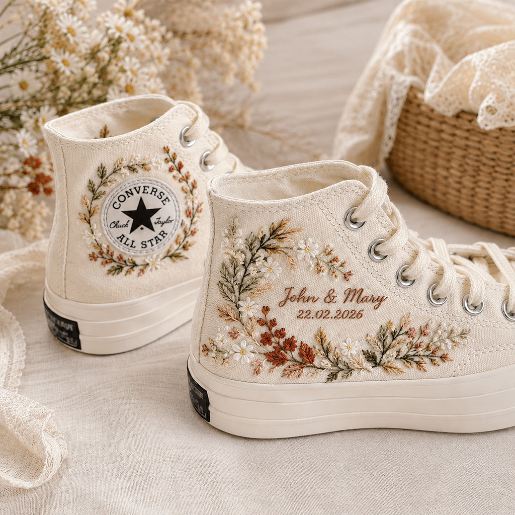 Fall Wedding Wildflower Names And Date - Personalized Embroidered Converse High Tops