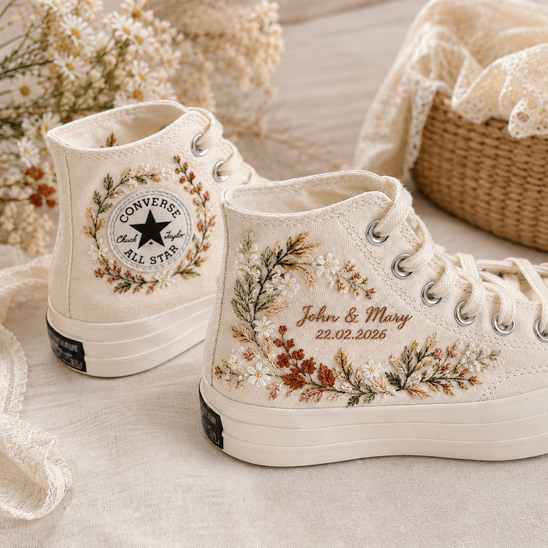Fall Wedding Wildflower Names And Date - Personalized Embroidered Converse High Tops