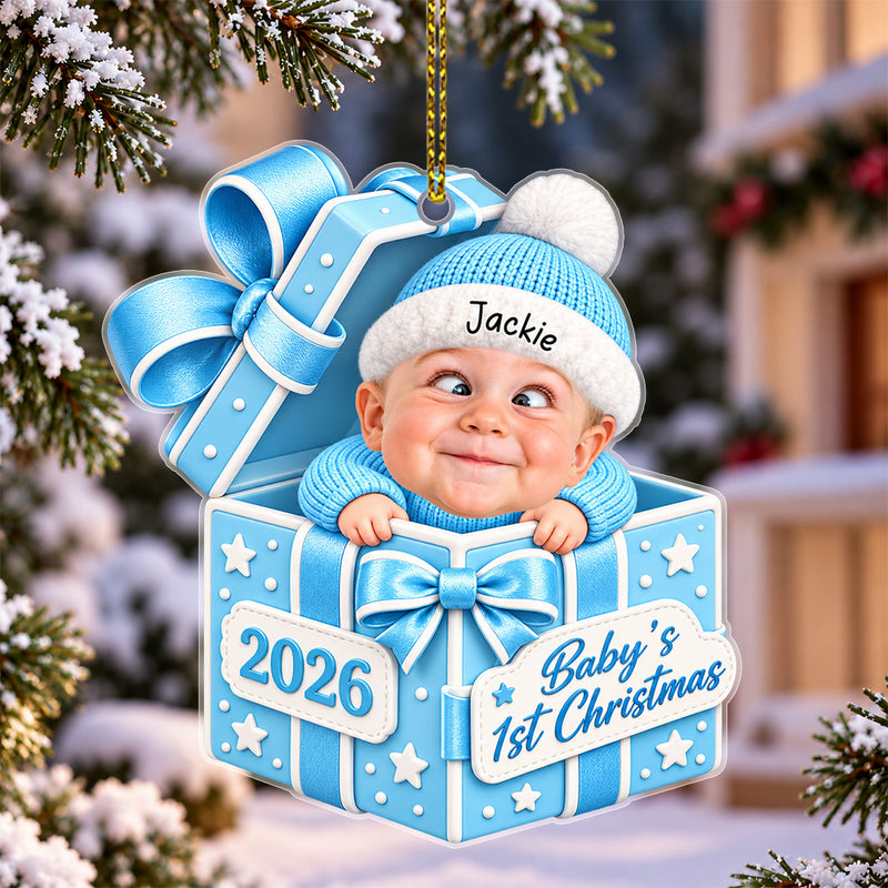 Custom Baby Boy Face Christmas Acrylic Ornament 2026 Personalized Baby Photo in Blue Gift Box Baby First Christmas Keepsake Newborn Gift