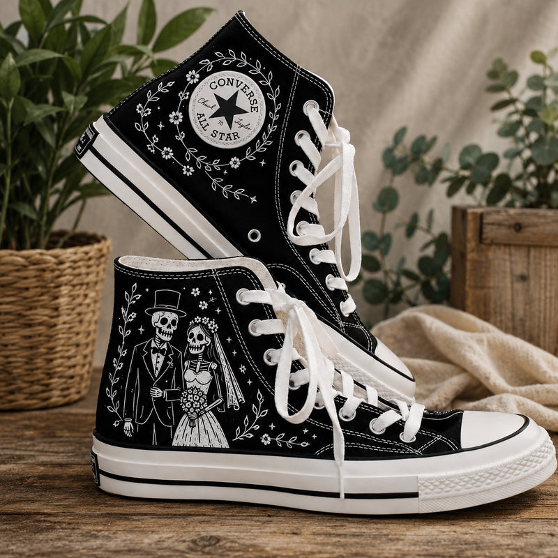 Skeleton Bride Groom Wedding - Embroidered Converse High Tops