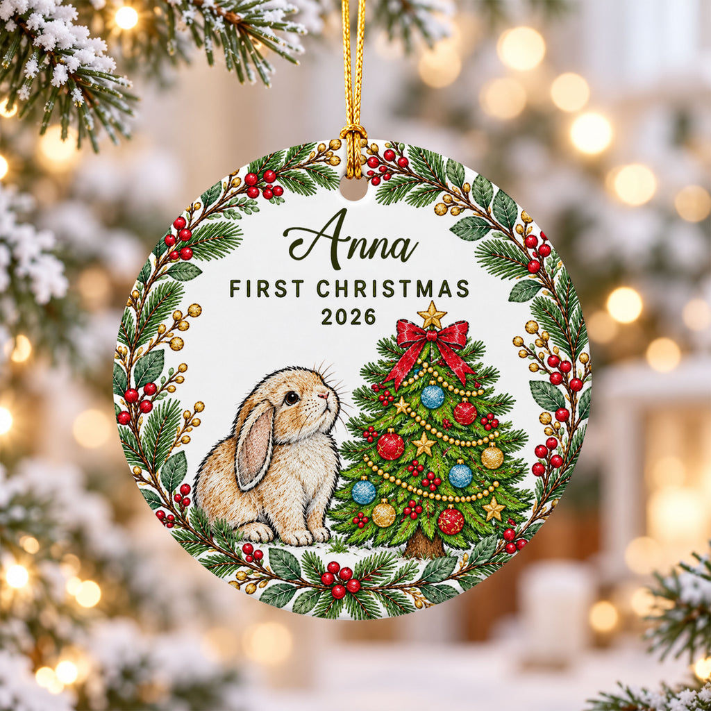 Personalized Bunny First Christmas Ceramic Ornament 2026 Custom Name Rabbit Christmas Tree Ornament Cute Bunny Lover Gift Holiday Keepsake