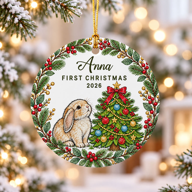 Personalized Bunny First Christmas Ceramic Ornament 2026 Custom Name Rabbit Christmas Tree Ornament Cute Bunny Lover Gift Holiday Keepsake