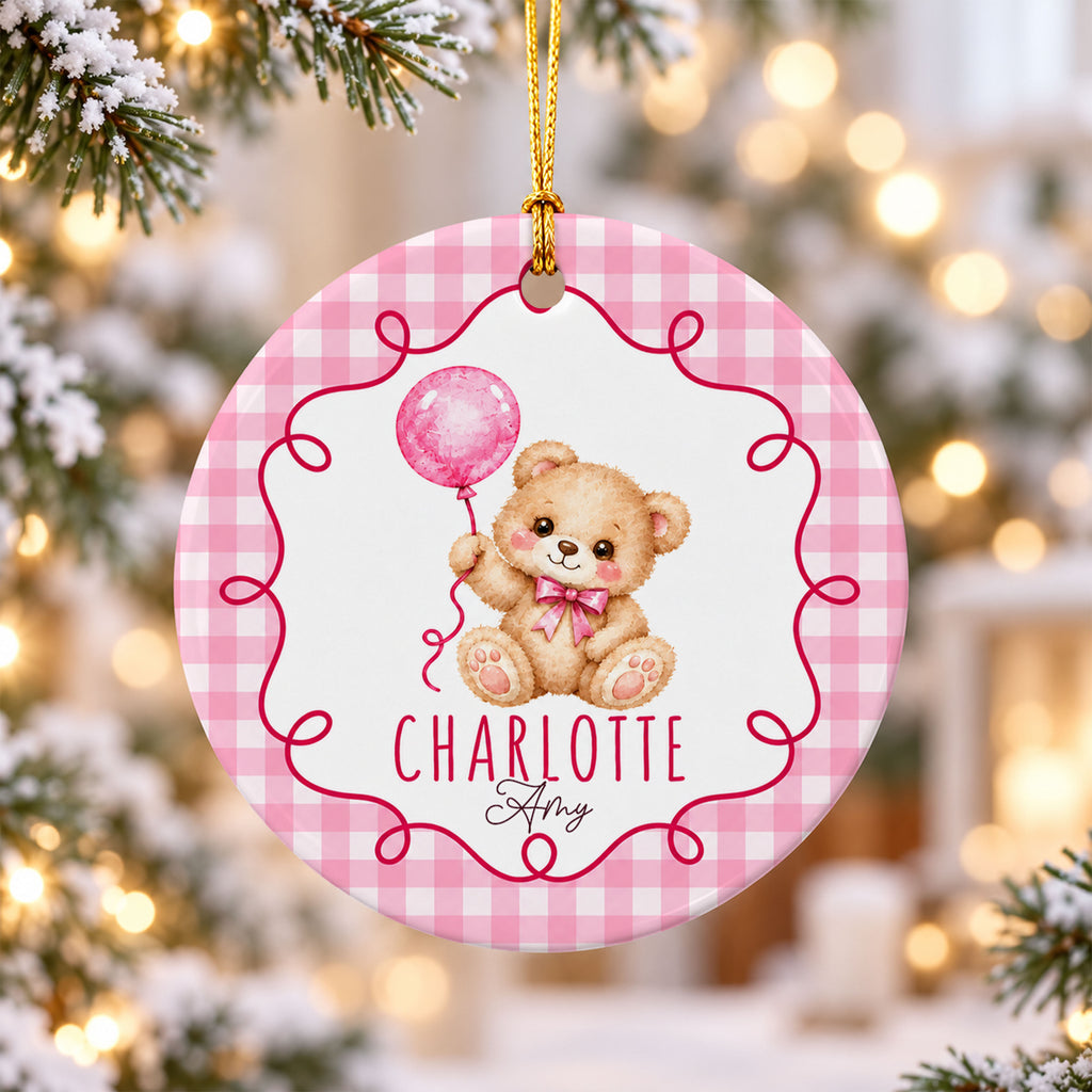 Personalized Pink Teddy Bear Ceramic Ornament Custom Baby Girl Name Ornament Cute Bear with Balloon Nursery Gift Baby Shower Keepsake