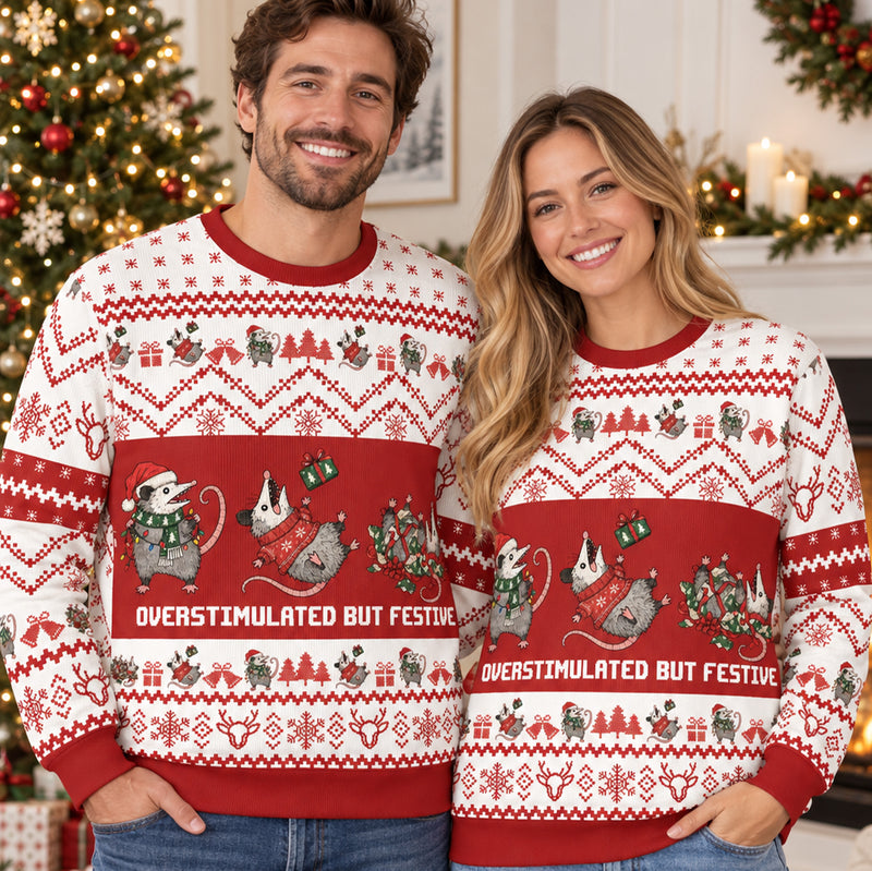 Overstimulated But Festive Possum Ugly Sweater, Funny Christmas Shirt, Possum Christmas Ugly Sweater, Possum Gift, Meme Ugly Sweater