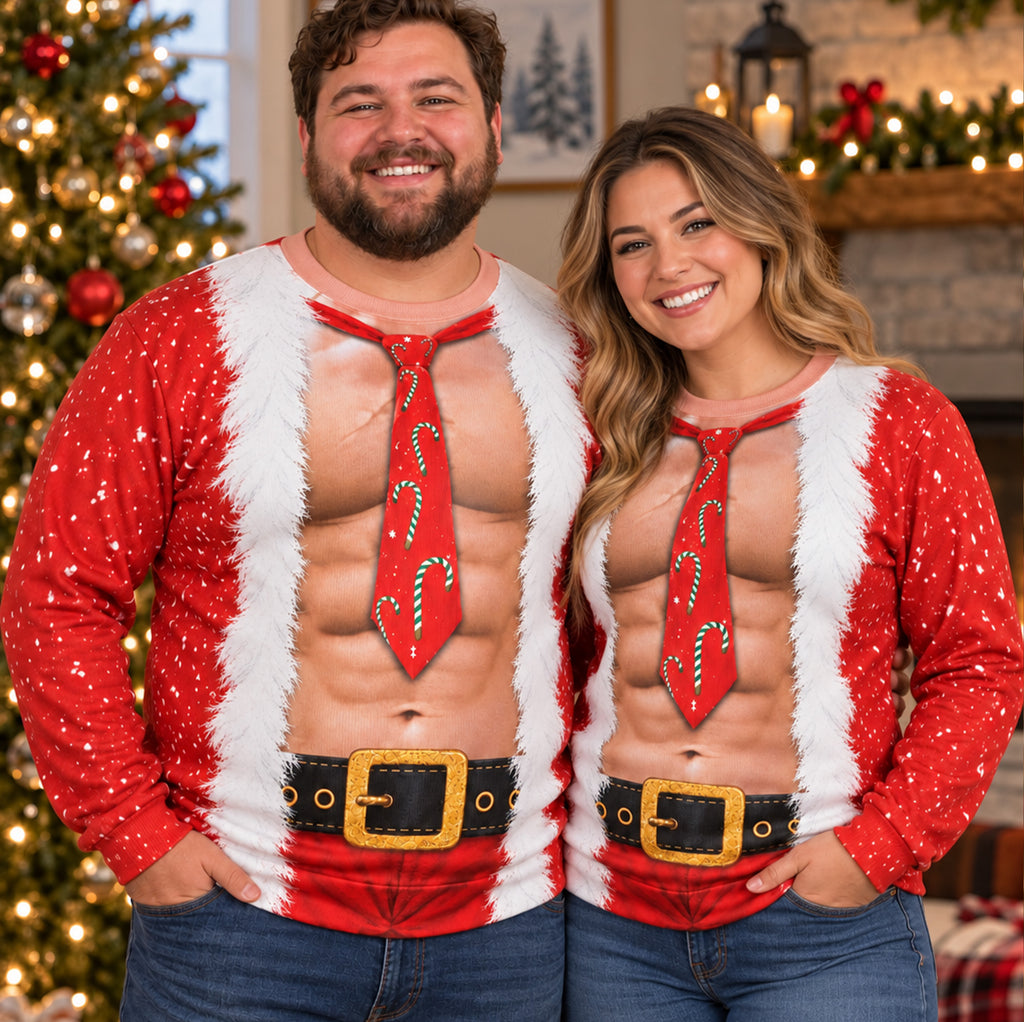 Funny Santa Body Sweatshirt, 3D Muscle Santa Ugly Christmas Sweater, Adult Humor Holiday Pullover, Novelty Xmas Party Gift for Men Women