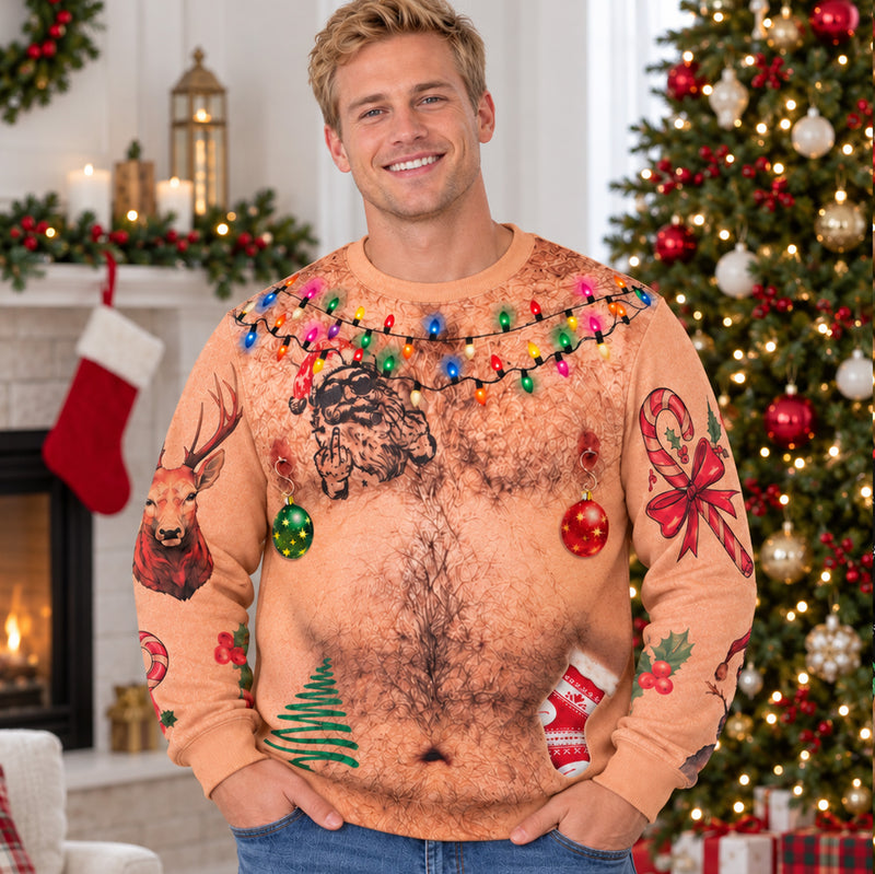 Funny Hairy Chest Ugly Christmas Sweater, Novelty Holiday Party Pullover, Christmas Gag Gift For Men