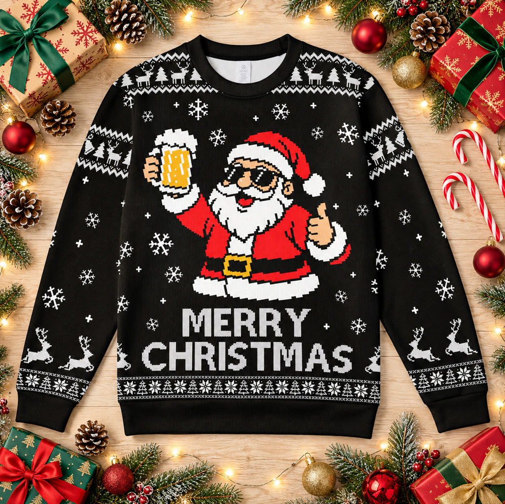 Ugly Christmas Sweater for Men Funny Santa Beer Snowflake