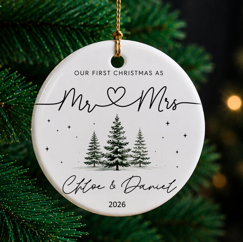 Our First Christmas As Mr. & Mrs. With Names & Year - Personalized Christmas Ceramic Ornament