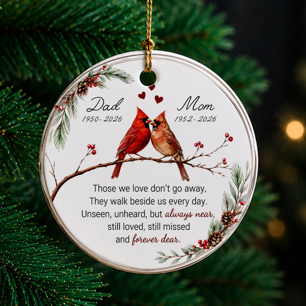Custom Memorial With Cardinals - Personalized Christmas Ceramic Ornament