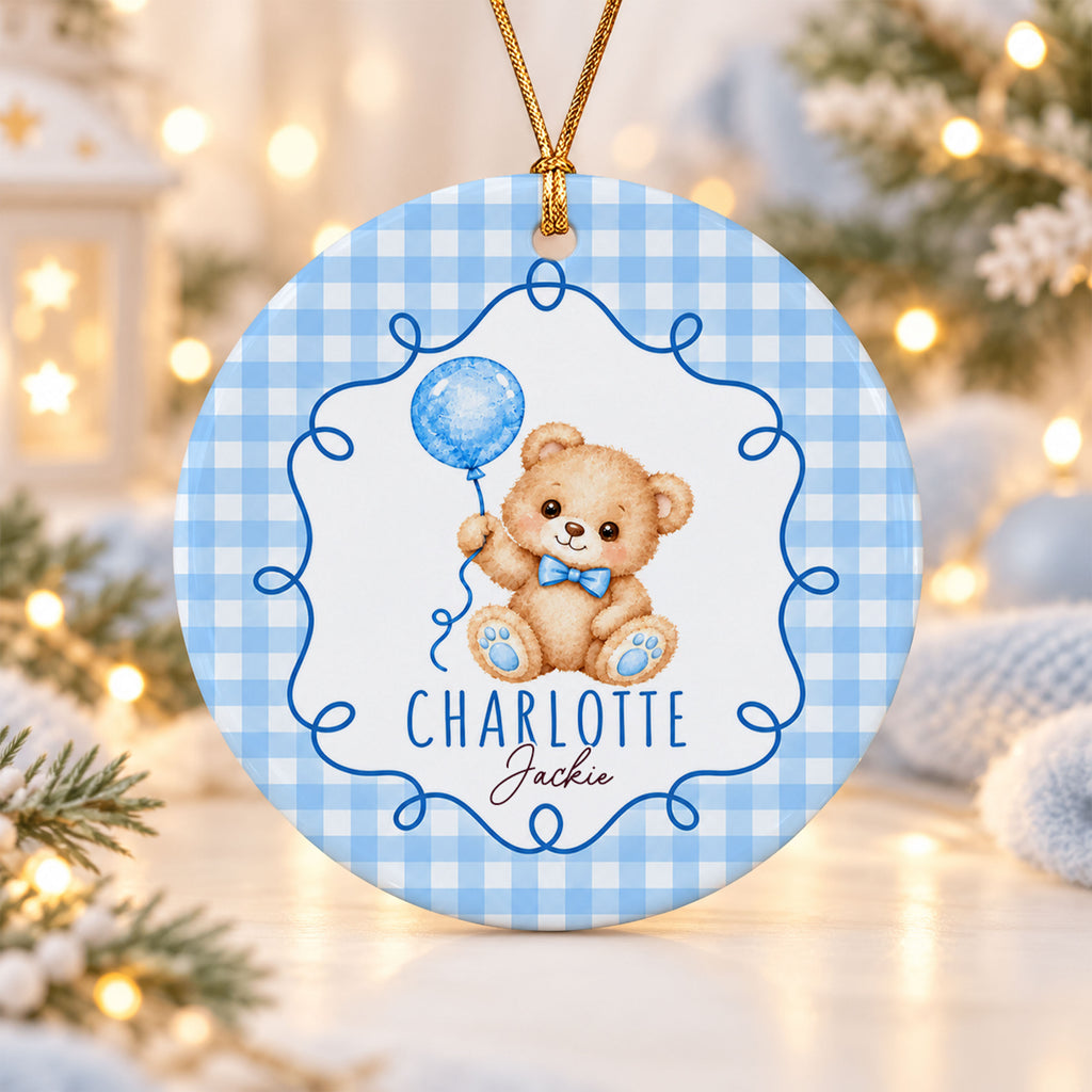 Personalized Blue Teddy Bear Ceramic Ornament Custom Baby Boy Name Ornament Cute Bear with Balloon Newborn Gift Baby Nursery Keepsake