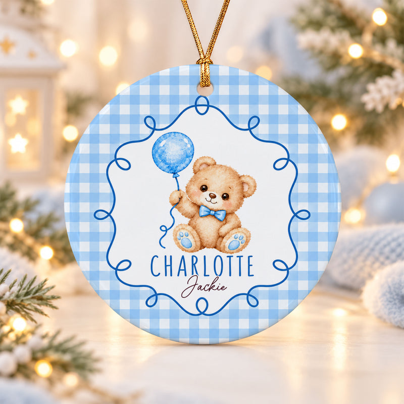 Personalized Blue Teddy Bear Ceramic Ornament Custom Baby Boy Name Ornament Cute Bear with Balloon Newborn Gift Baby Nursery Keepsake