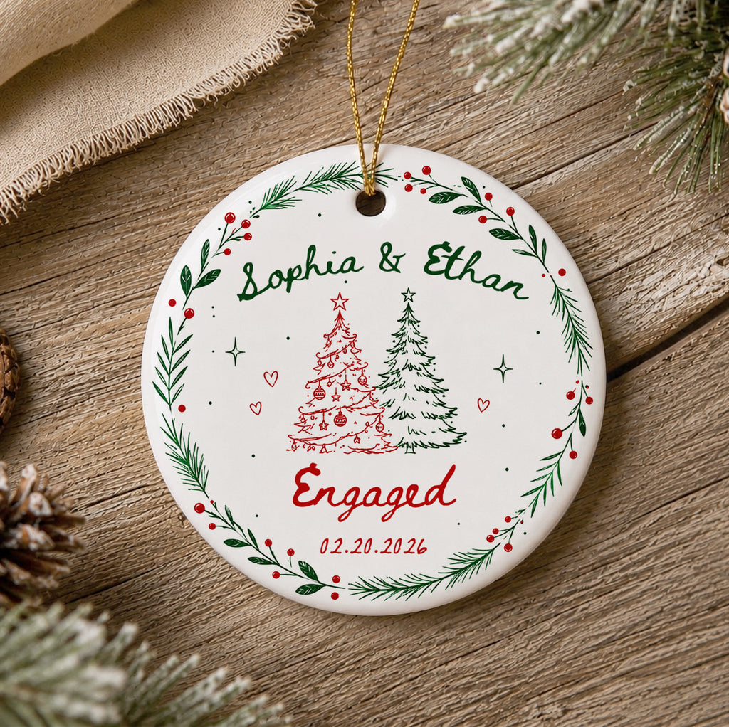 Custom Christmas Engagement Wreath Names & Date - Personalized Christmas Ceramic Ornament