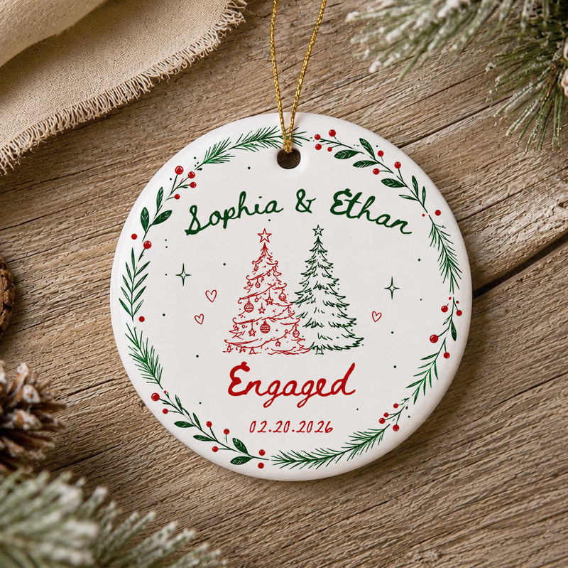 Custom Christmas Engagement Wreath Names & Date - Personalized Christmas Ceramic Ornament