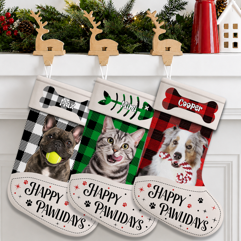 Custom Dog Photo Buffalo Plaid Name - Personalized Christmas Stocking