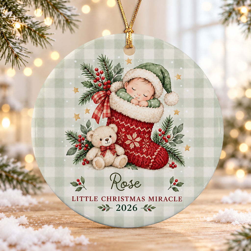 Personalized Baby First Christmas Ornament 2026 Sleeping Baby in Stocking Ceramic Ornament Little Christmas Miracle Newborn Gift