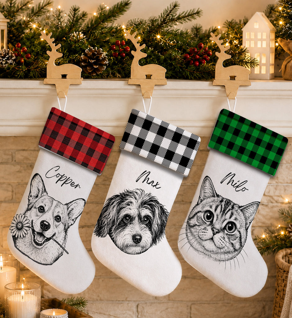 Custom Dog Portrait Sketch Plaid Name - Personalized Christmas Stocking