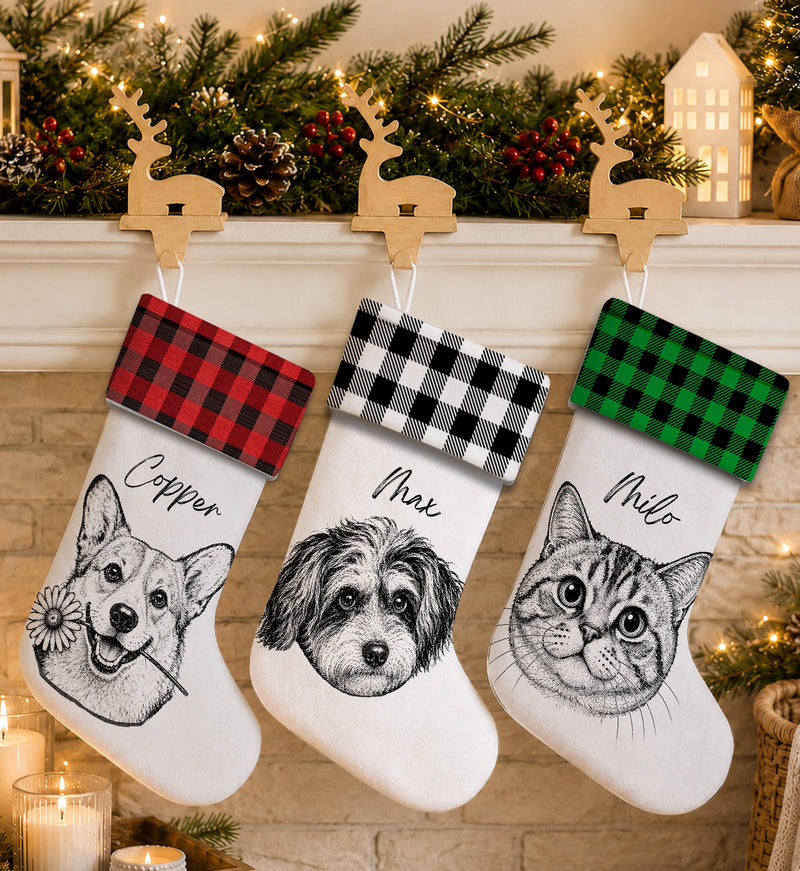Custom Dog Portrait Sketch Plaid Name - Personalized Christmas Stocking