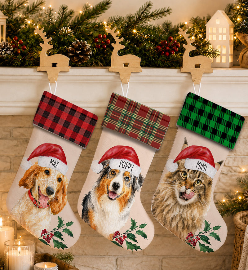 Custom Dog Portrait Watercolor Buffalo Plaid Name - Personalized Christmas Stocking