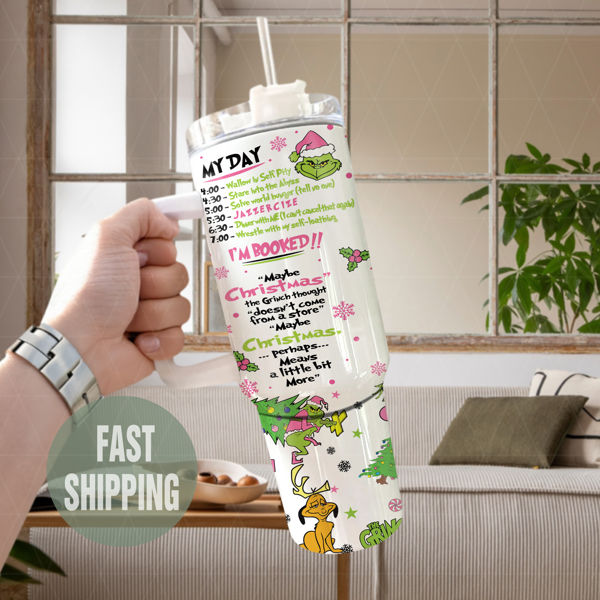 Grinch Christmas Tumbler, Owala Freesip, Custom Engraving, Holiday Gift, Whoville Inspired, Authentic 40oz