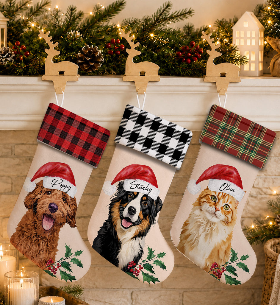 Custom Dog Portrait Watercolor Buffalo Plaid Name - Personalized Christmas Stocking