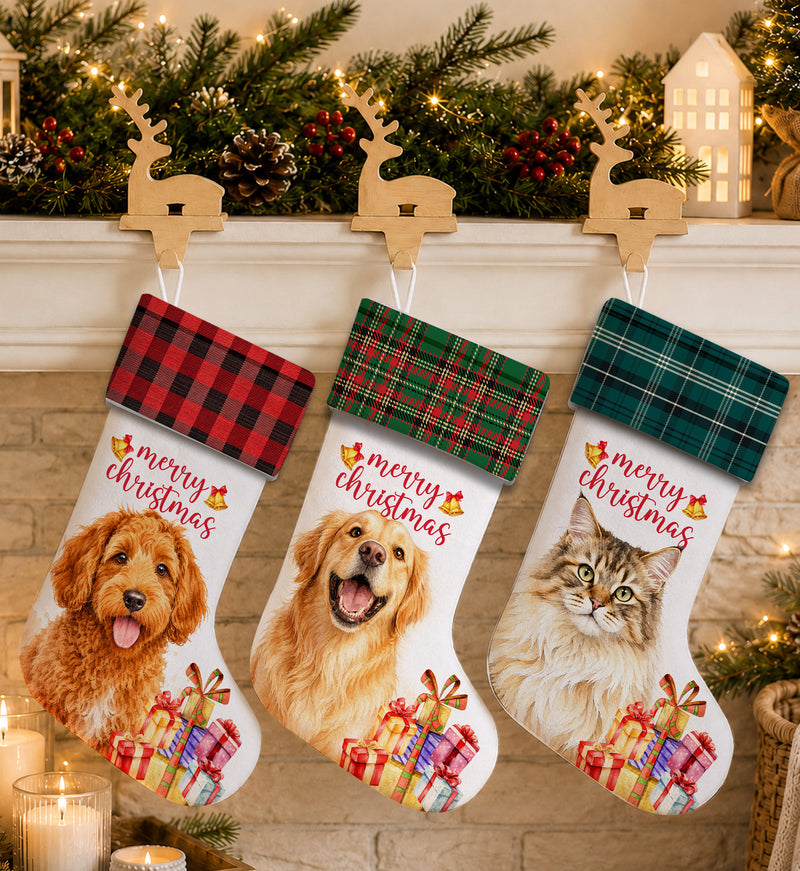 Custom Dog Portrait Watercolor Buffalo Plaid - Personalized Christmas Stocking