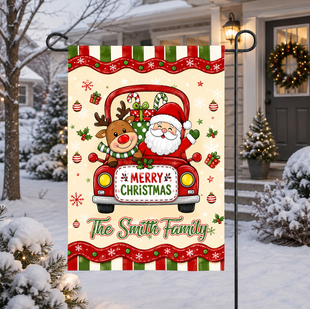 Personalized Christmas Garden Flag, Custom Family Name Holiday Yard Flag, Santa Reindeer Truck Decor, Outdoor Christmas Porch Gift