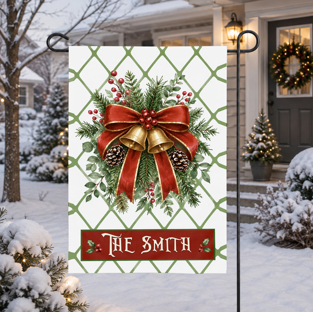 Personalized Christmas Garden Flag, Custom Family Name Holiday Yard Flag, Red Bow Bells Porch Decor, Winter Outdoor Christmas Gift