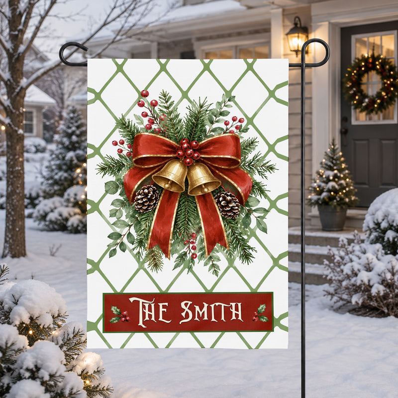 Personalized Christmas Garden Flag, Custom Family Name Holiday Yard Flag, Red Bow Bells Porch Decor, Winter Outdoor Christmas Gift