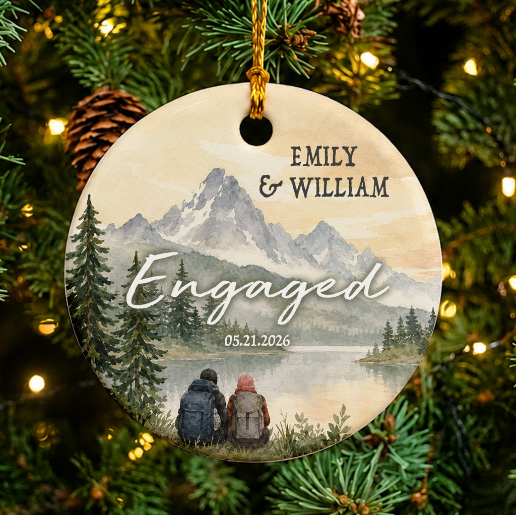 Personalized Mountain Engagement Ornament, Custom Names Date Engaged Couple Keepsake, Hiking Adventure Gift, Christmas Ornament for Couple