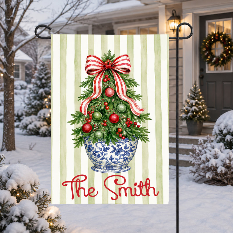 Striped Christmas Tree Flag Personalized Garden Flag Holiday Decor Custom Family Name Winter Yard Decoration Festive Home Accent Gift