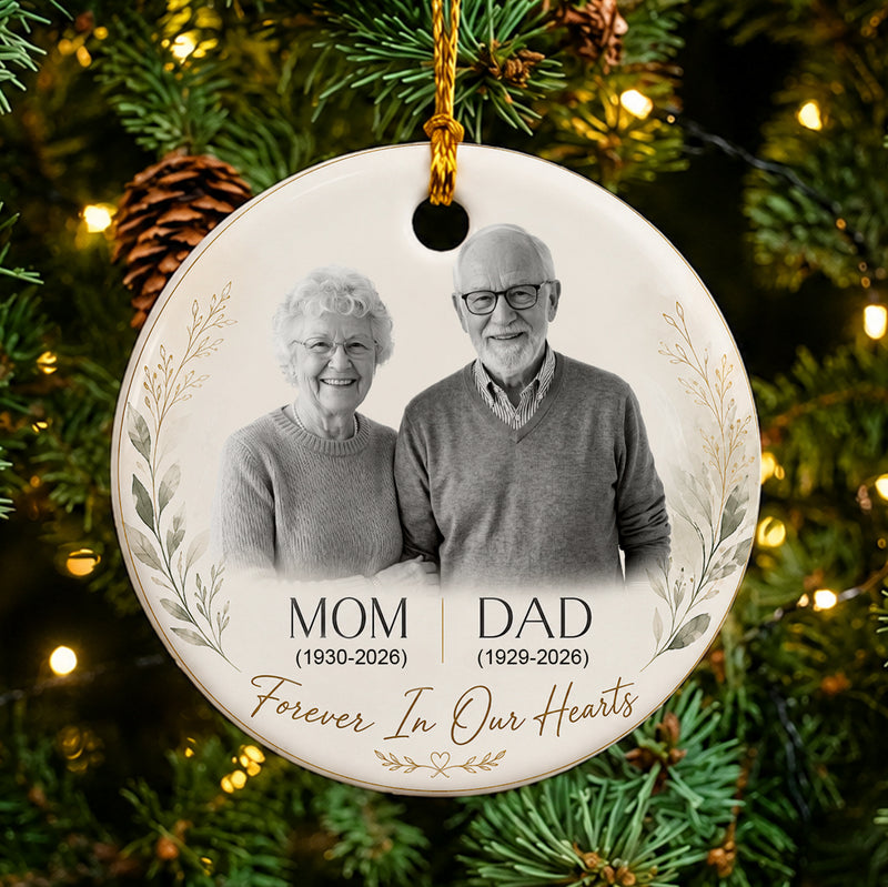 Custom Memorial Photo Forever In Our Hearts - Personalized Christmas Ceramic Ornament