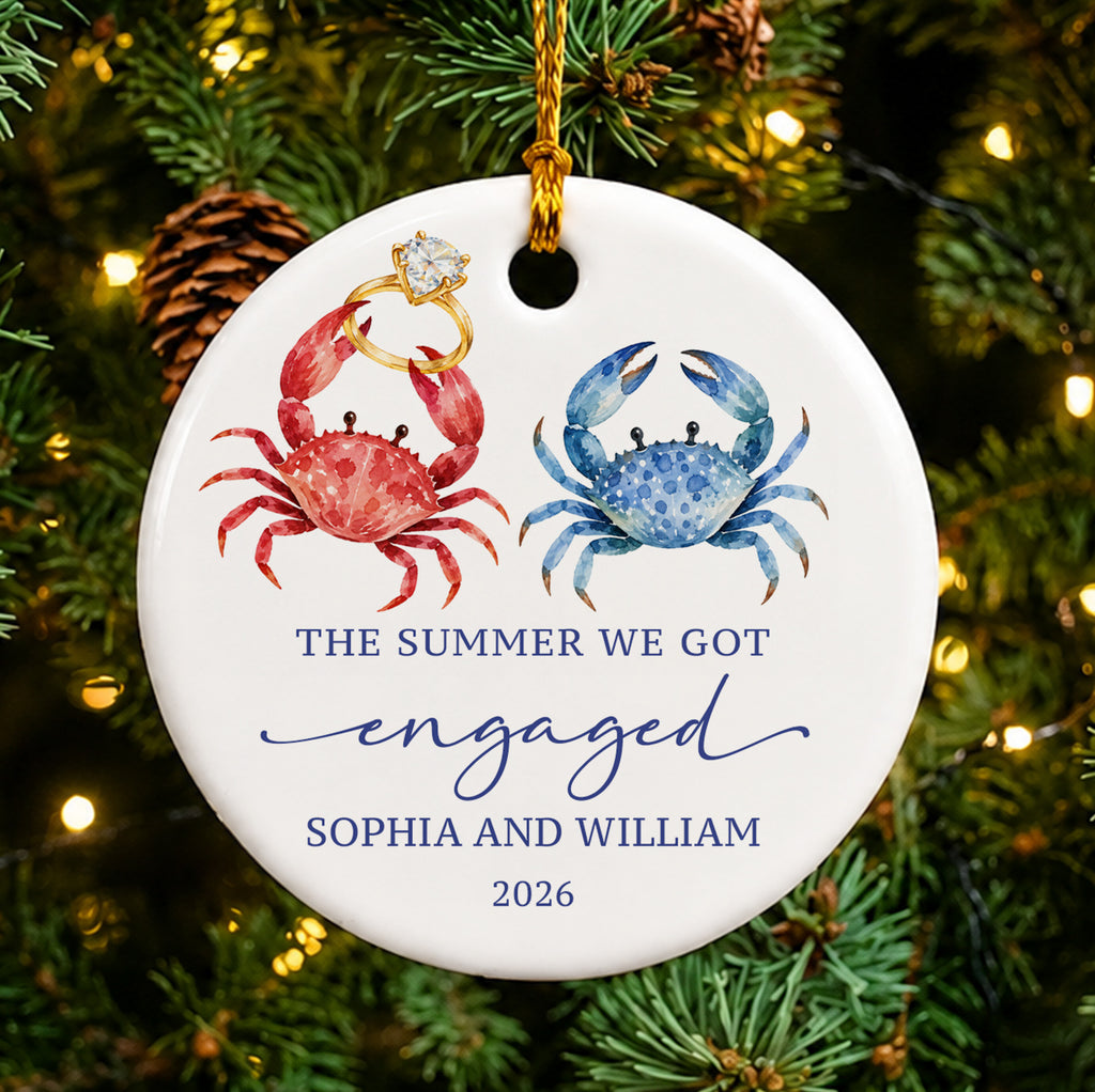 Personalized Summer Engagement Ornament, The Summer We Got Engaged Crab Ornament, Coastal Beach Proposal Gift for Couple