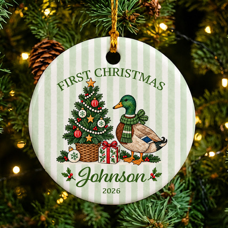 Personalized Mallard Duck Baby First Christmas Ornament, Custom Name Year Keepsake, Baby Shower Gift, New Baby Holiday Decor