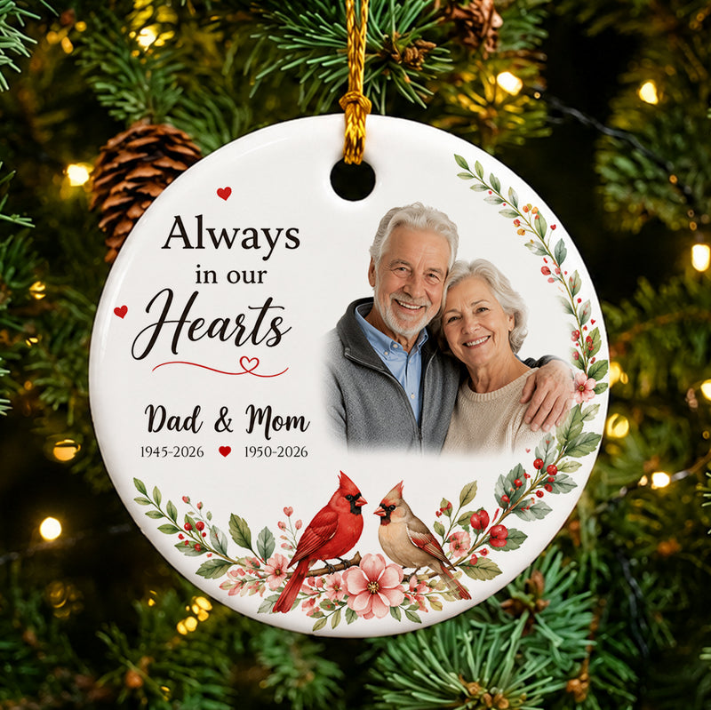 Custom Memorial Photo Cardinals Floral - Personalized Christmas Ceramic Ornament
