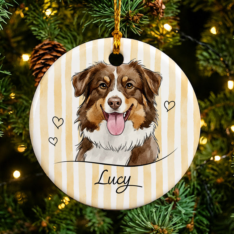 Custom Pet Portrait Watercolor Christmas - Personalized Striped Ceramic Ornament