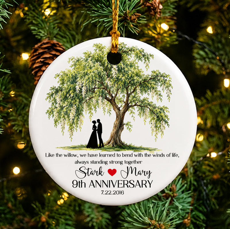 Personalized 9th Anniversary Ornament, Willow Tree Ceramic Keepsake, Custom Couple Names Wedding Anniversary Gift for Wife