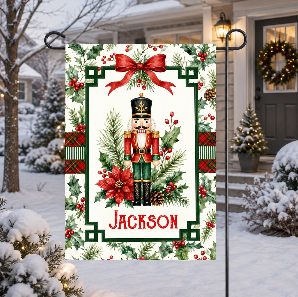 Personalized Nutcracker Christmas Garden Flag, Custom Kids Name Holiday Yard Flag, Nutcracker Porch Decor, Winter Outdoor Christmas Gift