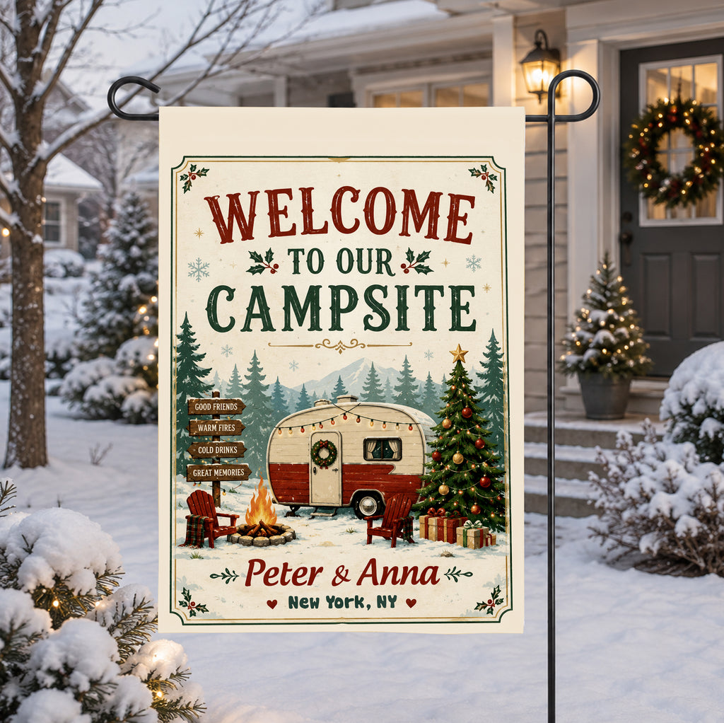 Personalized Christmas Campsite Garden Flag, Custom Camping Family Name Yard Flag, Holiday Camper Decor, RV Christmas Gift for Campers