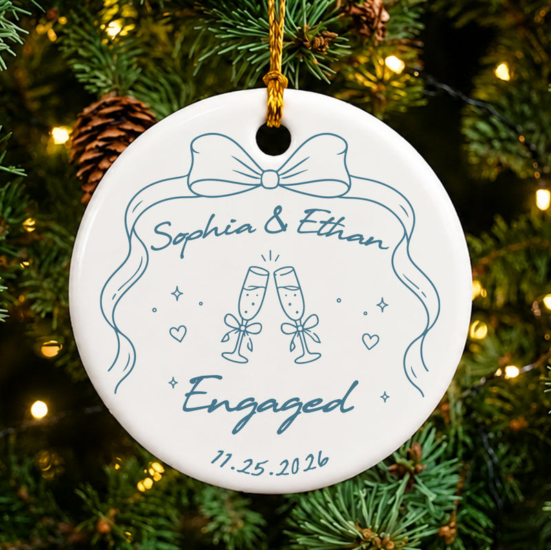 Personalized Engagement Ornament, Custom Couple Names Date Ceramic Keepsake, Engaged Christmas Ornament, Engagement Gift for Couple